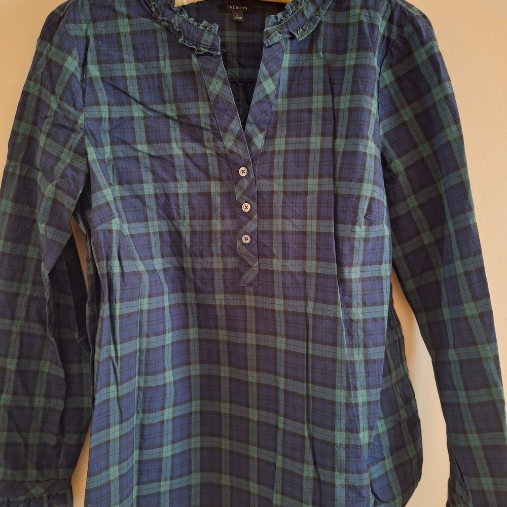 Talbots Blue and Green Plaid Blouse